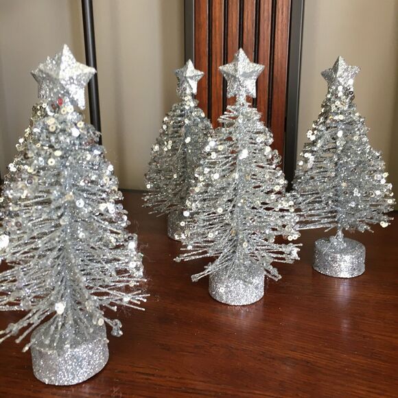 6 Silver Glitter Tabletop Decor Star Topped Bottle Brush Christmas Trees - Picture 3 of 16